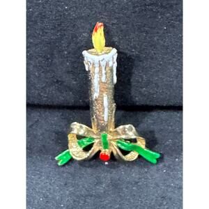 Vintage Enamel Christmas Candle Brooch Gold Tone Holly Pin 1″×1.75″  CP58